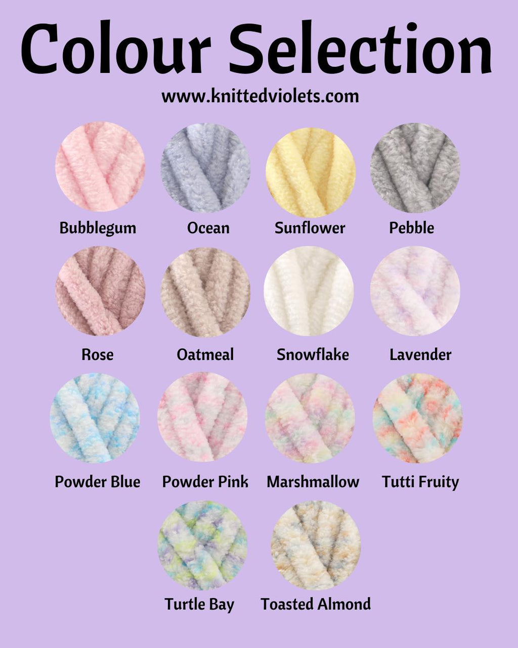 Color selection chart for yarn with various color names on a purple background